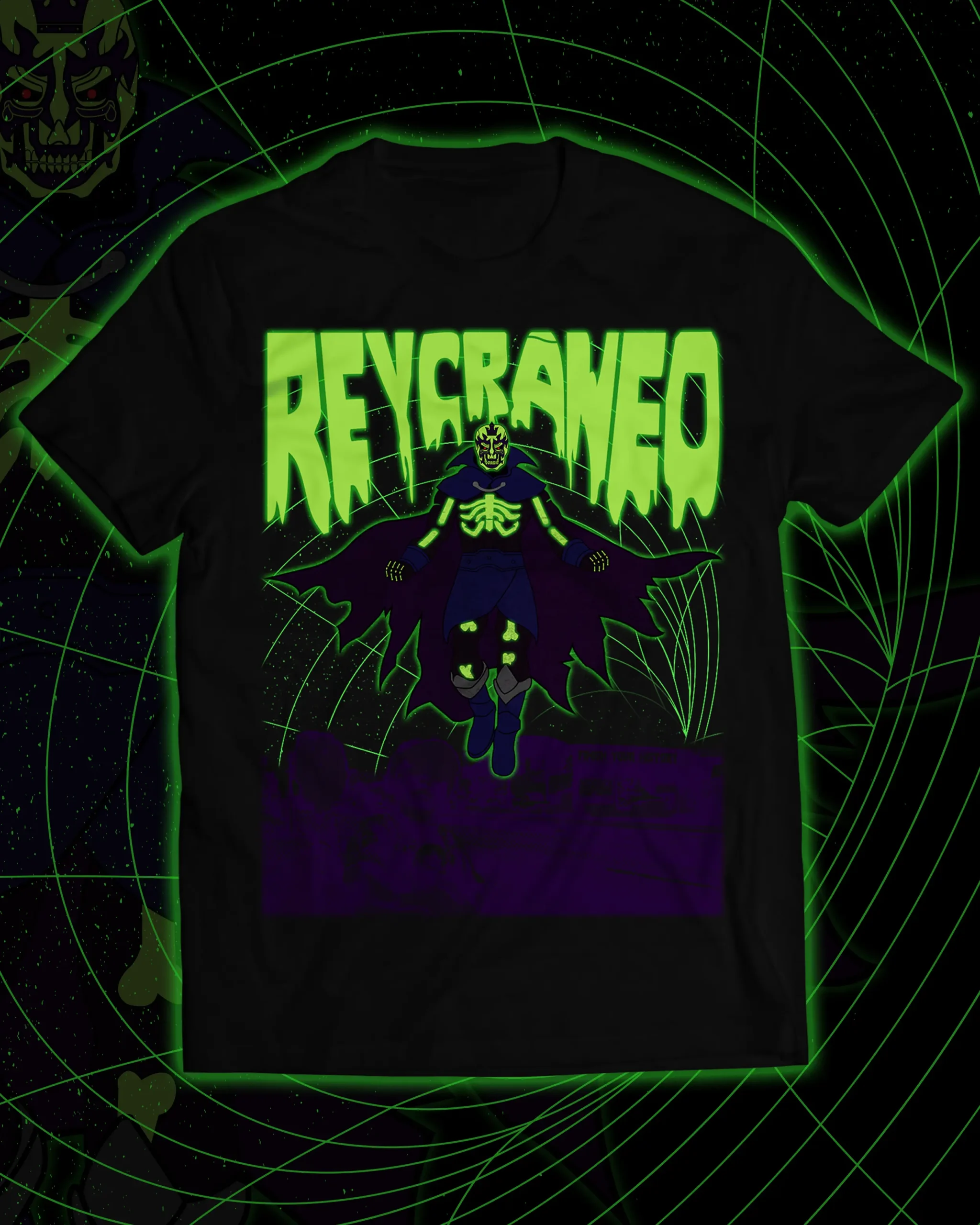 Playera negra con la imagen dimensional de Rey Cráneo al centro