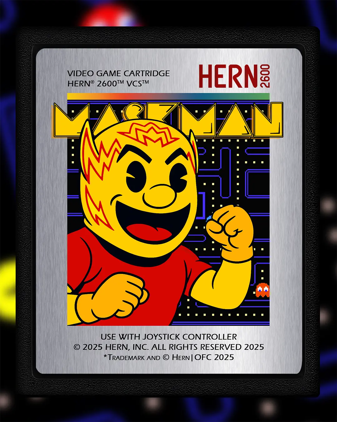 Cartucho inspirado en Pac-Man para consola vintage. La imagen presenta un personaje alternativo dentro del laberinto clásico, con tipografía y estilo visual ochenteros