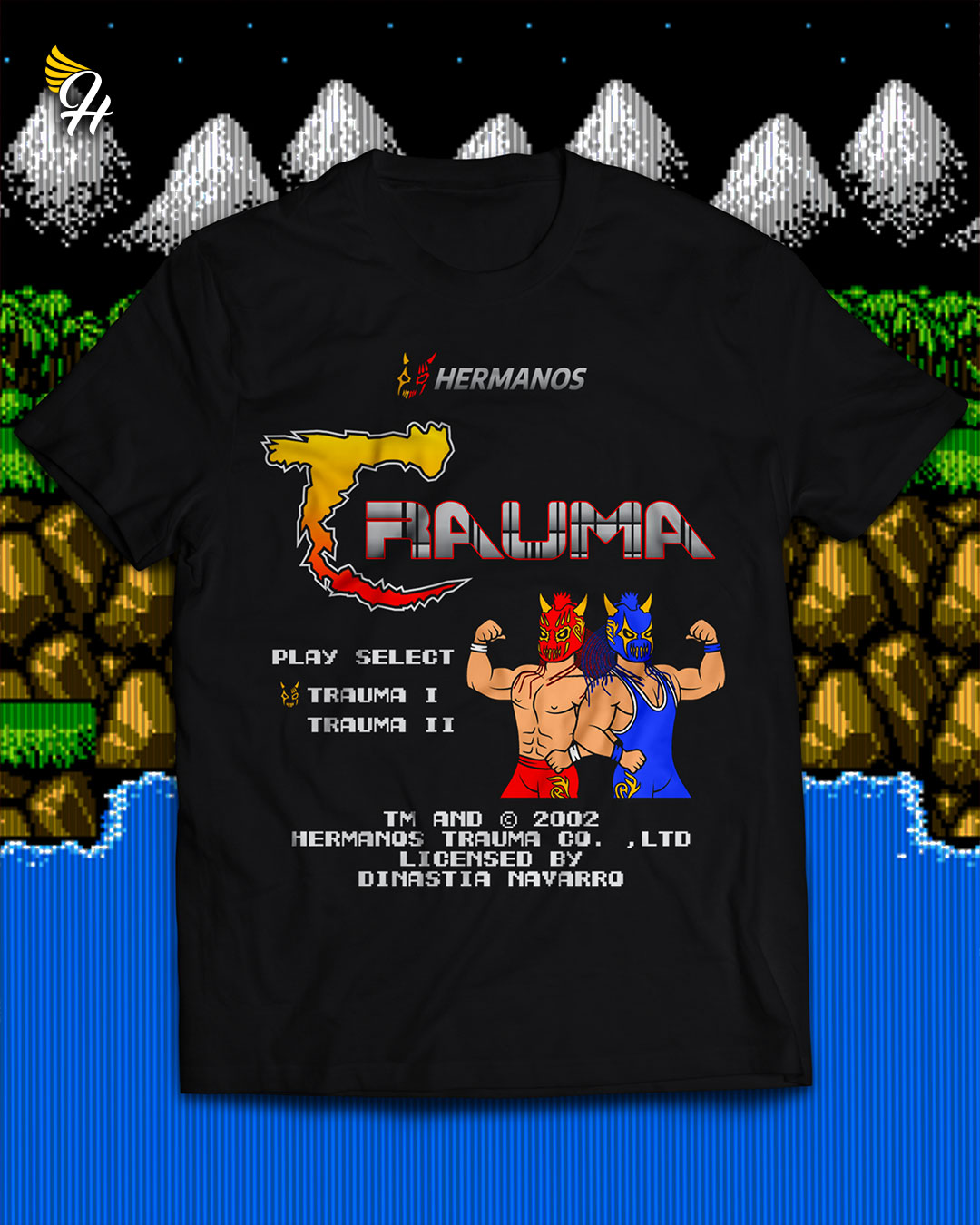 Detalle de la playera de los Hemanos Trauma al estilo de una pantalla de inicio