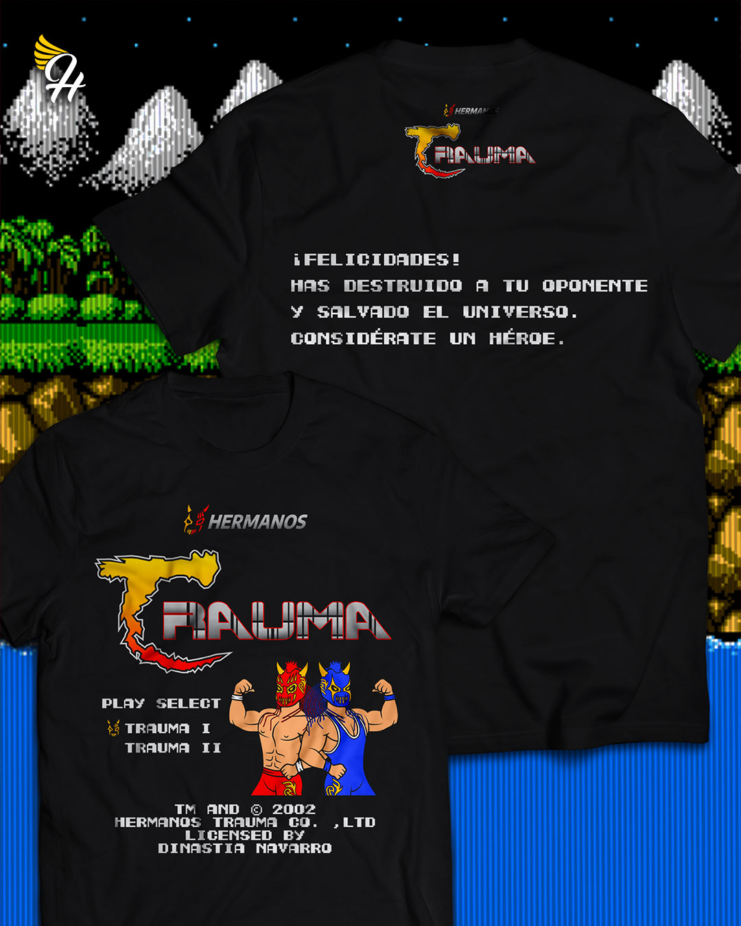 Playera frente y reverso gamer retro de los Hermanos Trauma